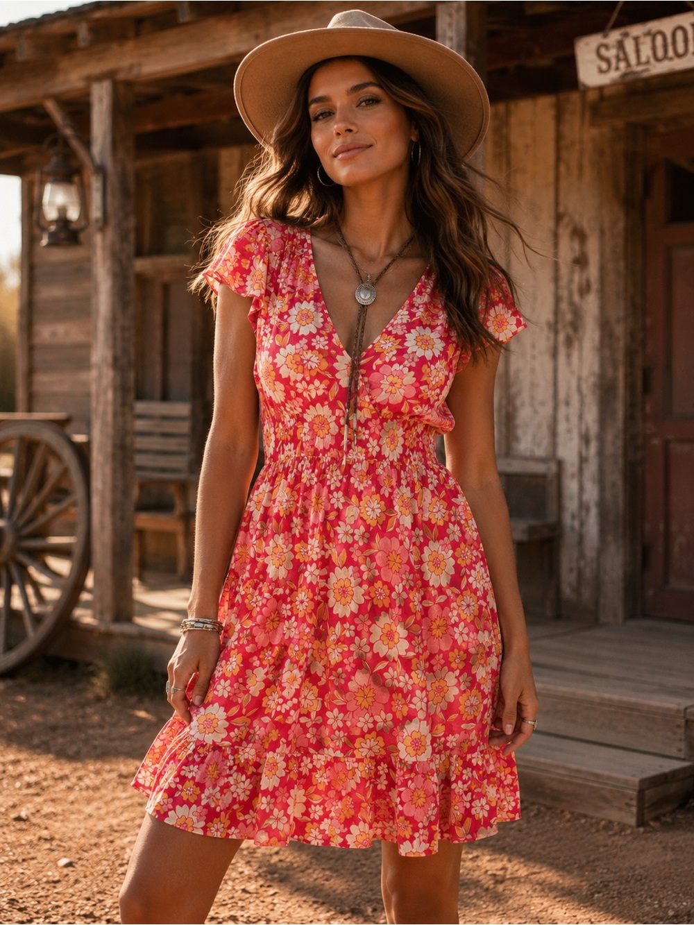 Gilli Floral V-Neck Summer Dress in Coral Pink